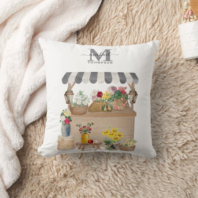 Akvarell Bondens Marknad Blommig Kärra Monogram Kudde (Filt)