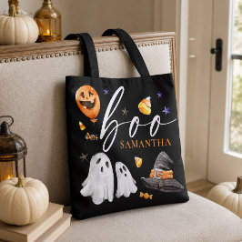 Akvarell BOO Spöke Svart Halloween Tygkasse