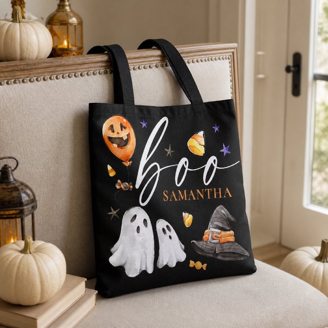 Akvarell BOO Spöke Svart Halloween Tygkasse (Playful watercolor Halloween characters pop against the dramatic black background.)
