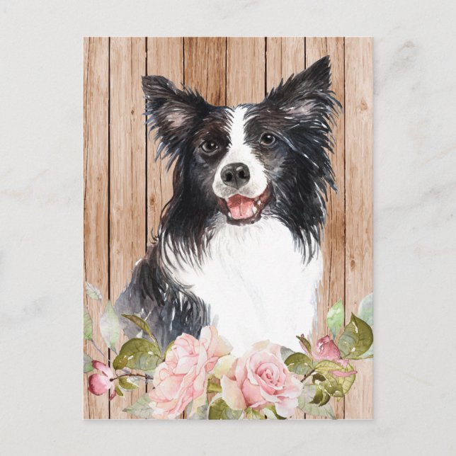 Akvarell Border Collie & blommor Vykort (Framsida)