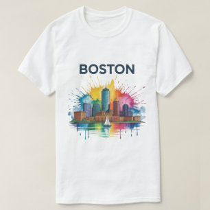 Akvarell Boston Siluett Livlig Boston Stad T Shirt