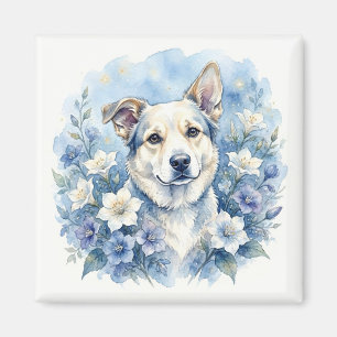Akvarell Botanisk Blommig Hundporträtt Magnet