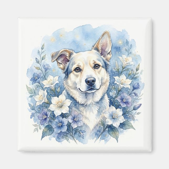 Akvarell Botanisk Blommig Hundporträtt Magnet (Framsidan)