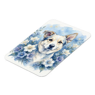 Akvarell Botanisk Blommig Hundporträtt Magnet