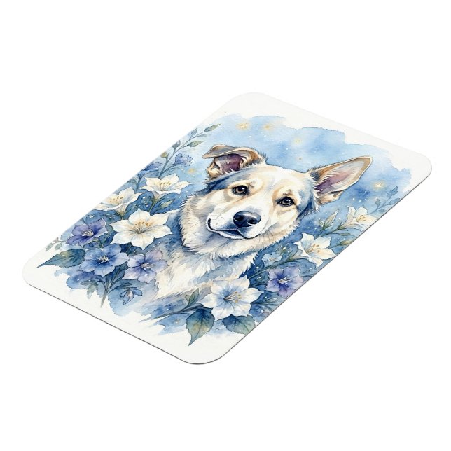 Akvarell Botanisk Blommig Hundporträtt Magnet (Vänstra Sidan)