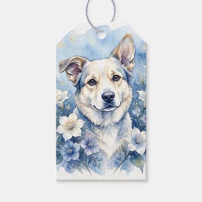 Akvarell Botanisk Blommig Hundporträtt Presentetikett (Framsidan)