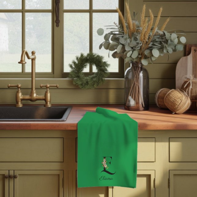 Akvarell botanisk grön initialmonogram kökshandduk (Skapare uppladdad)