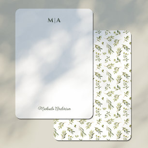 Akvarell Botanisk Gröna Oliver Monogram & Namn Anteckningskort