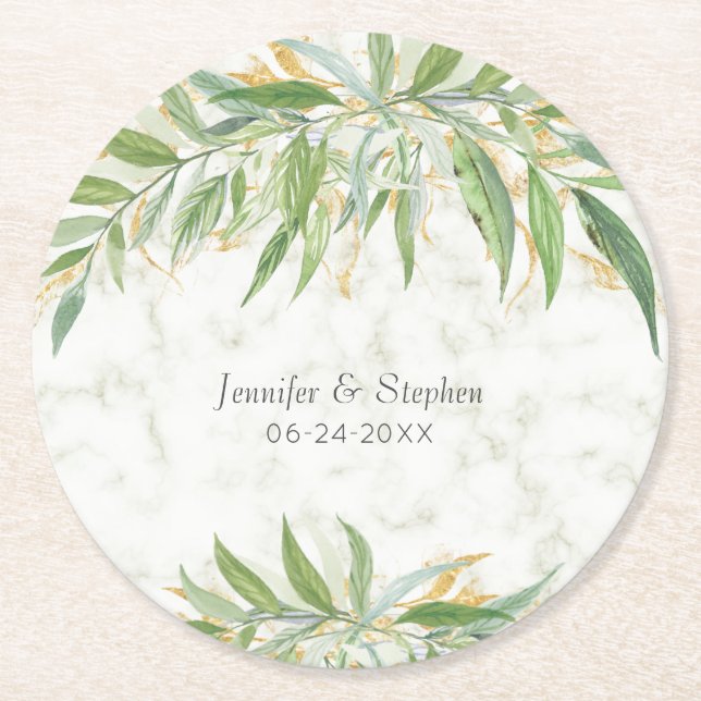 Akvarell Botanisk Marmor Elegant Bröllop Underlägg Papper Rund (Framsidan)