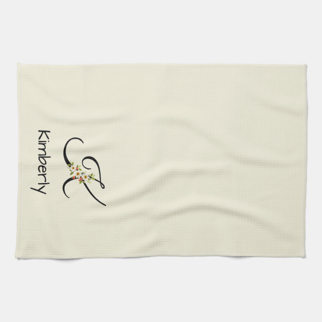 Akvarell botanisk svart initial monogram kökshandduk (Horisontell)