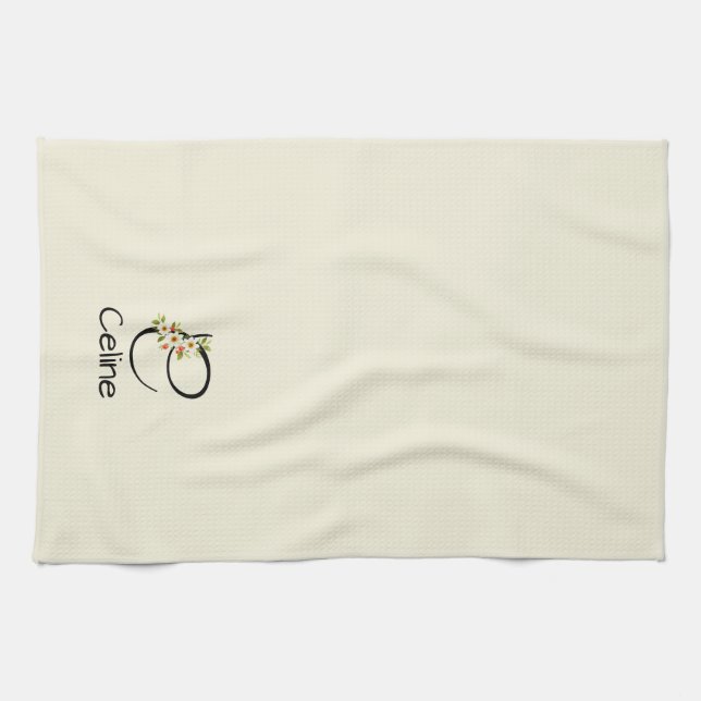 Akvarell botanisk svart initial monogram kökshandduk (Horisontell)