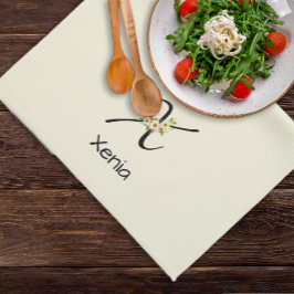 Akvarell botanisk svart initial monogram kökshandduk