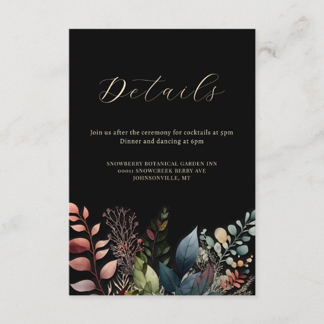 Akvarell Botanisk Svart Modern Bröllopsfest Tilläggskort (Framsida)