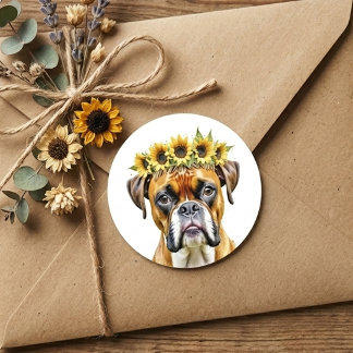 Akvarell Boxer Hund Blommig Solros Krona Runt Klistermärke