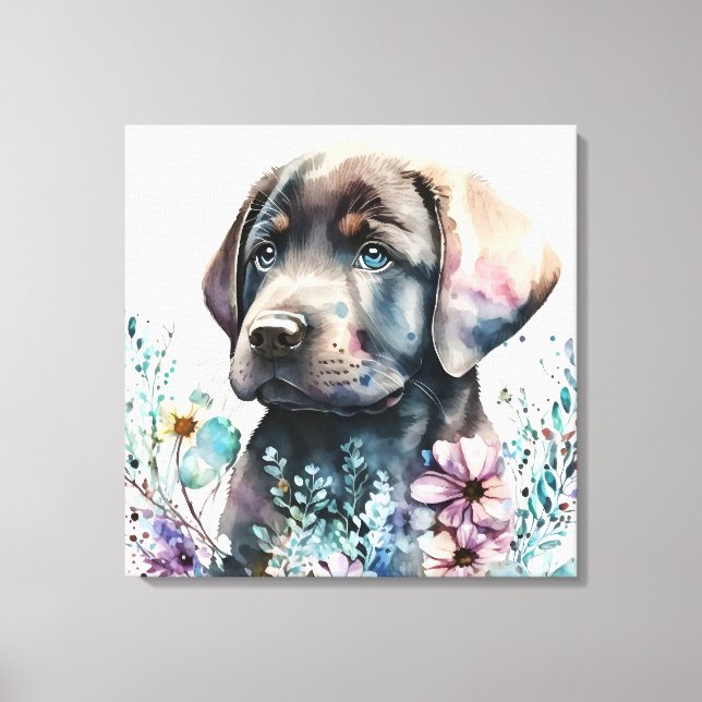 Akvarell Brun Labrador Retriever och blommor Canvastryck (Framsida)