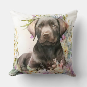Akvarell Brun Labrador Retriever och blommor Kudde