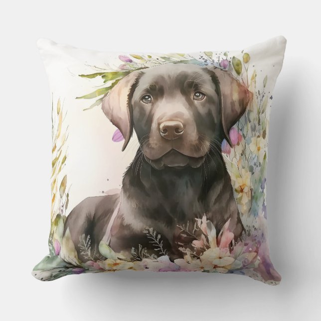 Akvarell Brun Labrador Retriever och blommor Kudde (Framsida)