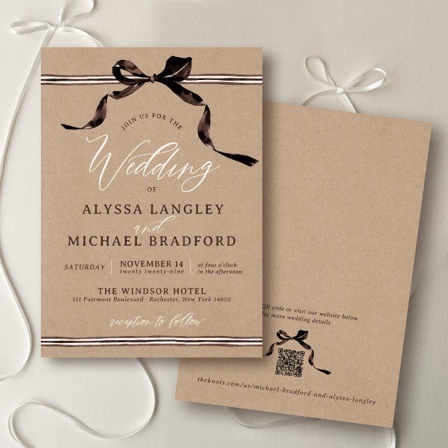 Akvarell Brun Slinga Rustik Kraft Enkel Bröllop Inbjudningar (Modern rustic kraft brown watercolor coquette bow elegant ribbon simple QR code wedding invitation)
