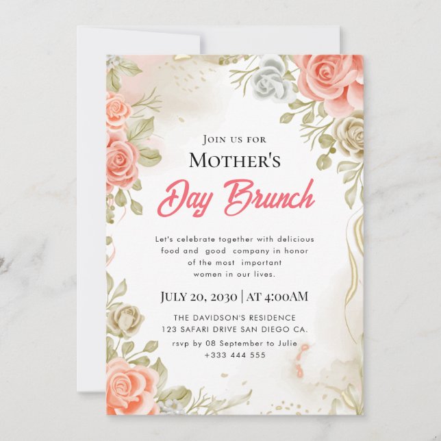 Akvarell Brunch-inbjudan till Mors dag Inbjudningar (Framsida)