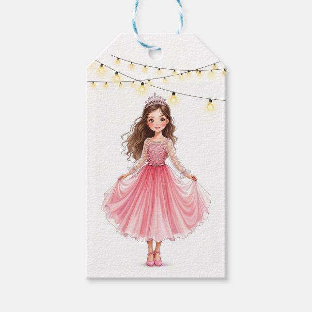 Akvarell brunett prinsessa dansar i rosa presentetikett (Framsidan)