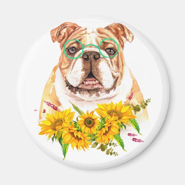 Akvarell Bulldog & Solrosor  Magnet (Framsidan)