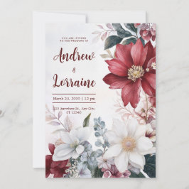 Akvarell Burgund Röd Vit Blommig Höstbröllop Inbjudningar