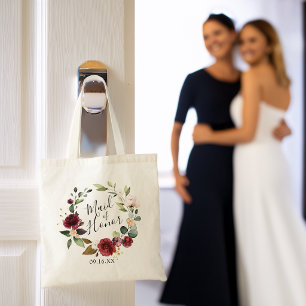 Akvarell Burgunder Blommig Krans Brudtärna Tygkasse