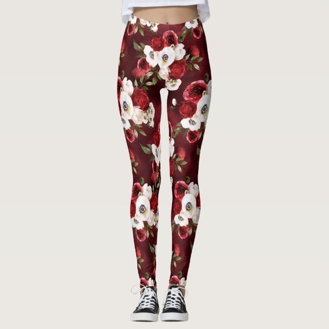 Akvarell Burgunder Blommig  Leggings (Framsida)