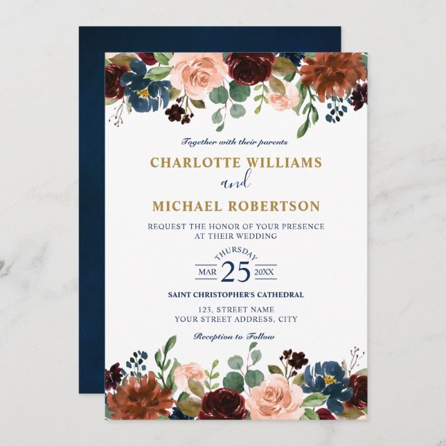 Akvarell Burgunder Röd Marin Blommig Rustik Boho I Inbjudningar (Fram/baksida)