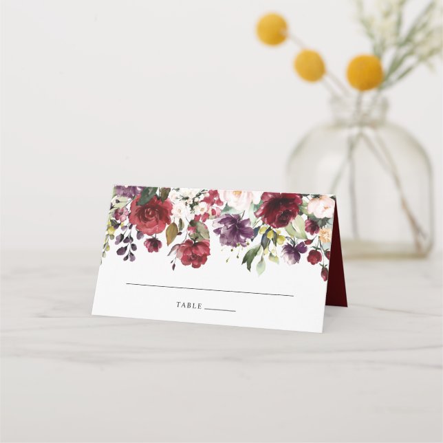 Akvarell Burgundervin Röda Blommor Placeringskort (Framsida)