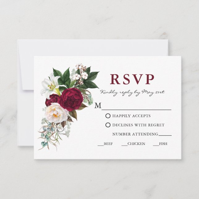 Akvarell Burgundy Blommig Grönska Måltid RSVP OSA Kort (Framsida)