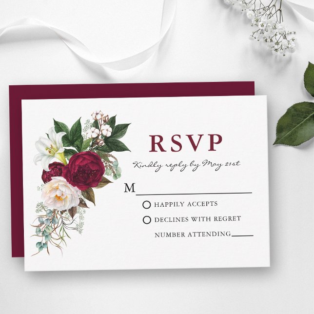 Akvarell Burgundy Blommig Grönska RSVP OSA Kort (Customize to change text color, text style or color of back of card.)