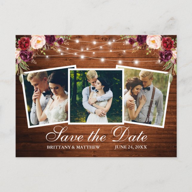 Akvarell Burgundy Blommig Träd Ljusslinga 3 Foto Vykort (Framsida)