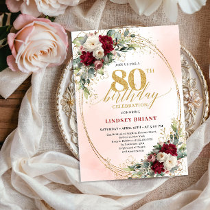 Akvarell Burgundy Blommor Guld 80-årsdag Inbjudningar