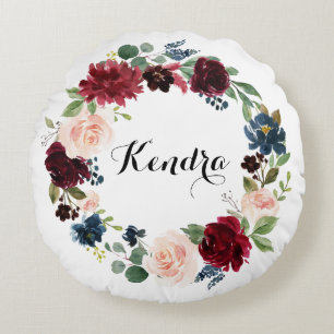 Akvarell Burgundy och Blå Blommig Krans Höst Rund Kudde