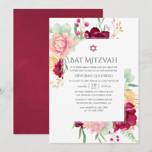 Akvarell Burgundy och rosablommig Bat Mitzvah Inbjudningar