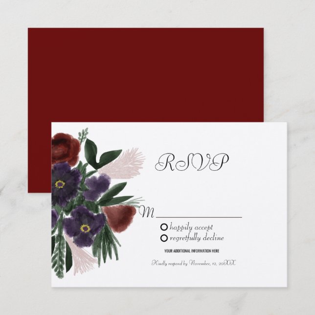 Akvarell Burgundy Vintage Botanik Kraft RSVP Inbjudningar (Fram/baksida)
