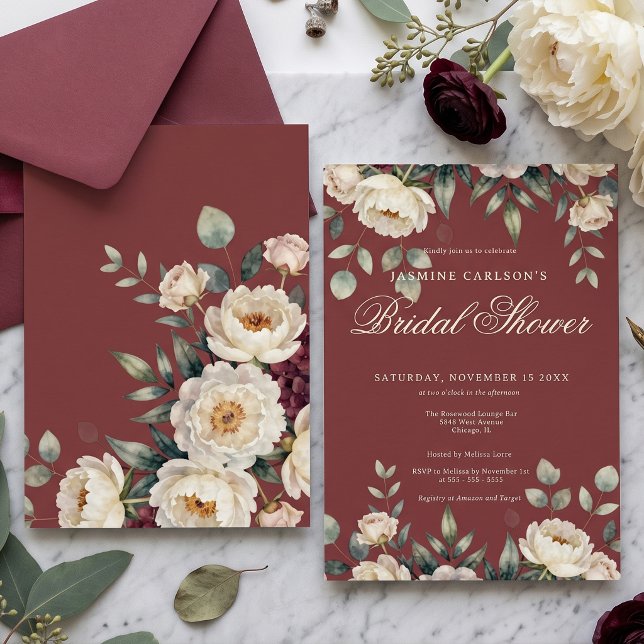 Akvarell Burgundy Vit Peony Bröllopsdusch Inbjudningar (Skapare uppladdad)