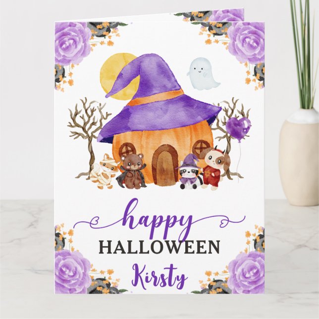 Akvarell Bus eller Buss Treating Glad Halloween Kort (Framsida)