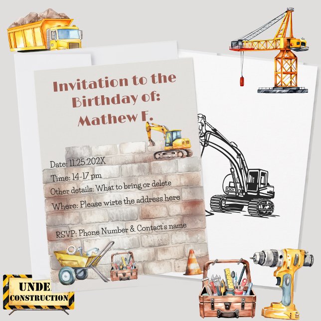 Akvarell Byggtema Jordnära Födelsedag Inbjudningar (Watercolor Construction themed birthday invitation, personalized & custom. Multilingual Project)