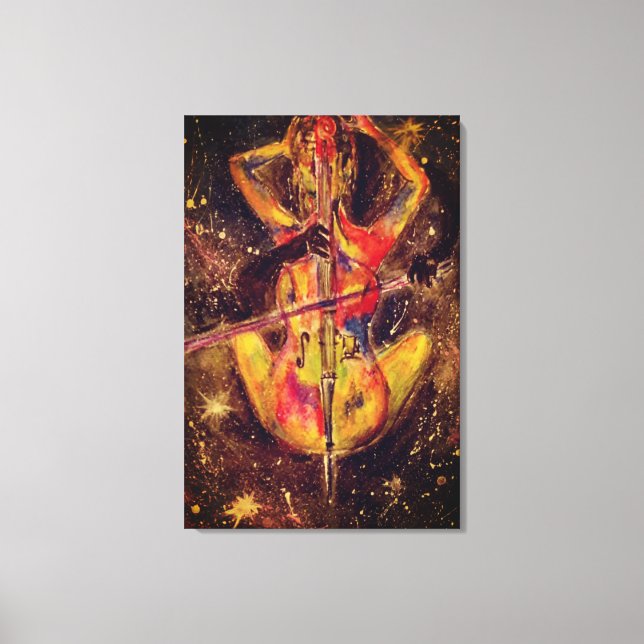 Akvarell - Cello Space Sonata - Dam med cello Canvastryck (Framsida)
