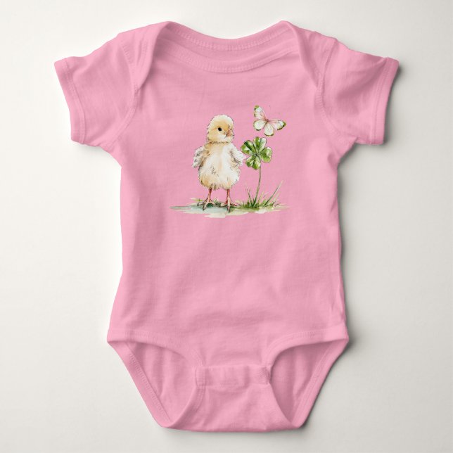 Akvarell Chick Med Fyrklöver  T Shirt (Framsida)