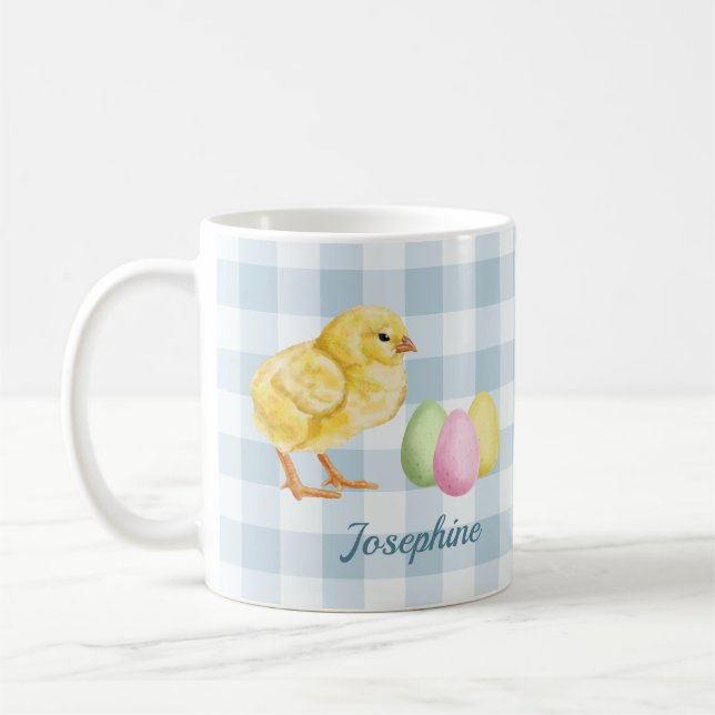 Akvarell Chick Och Ägg På Blått Med Namn Kaffemugg (Vänster)
