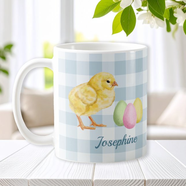 Akvarell Chick Och Ägg På Blått Med Namn Kaffemugg (Skapare uppladdad)