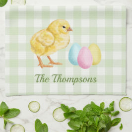 Akvarell Chick Och Ägg På Grönt Med Namn Kökshandduk