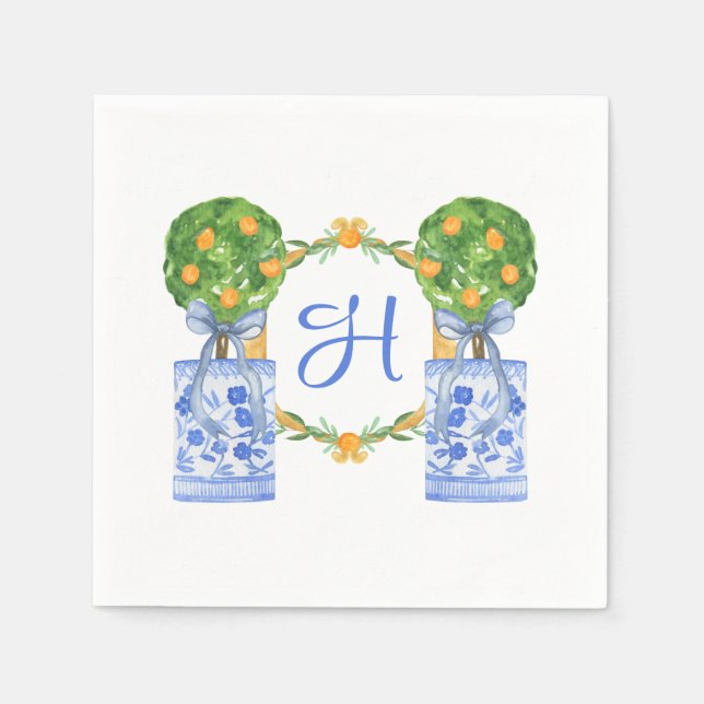 Akvarell Chinoiserie Citrus Topiary Monogram Pappersservett (Framsidan)