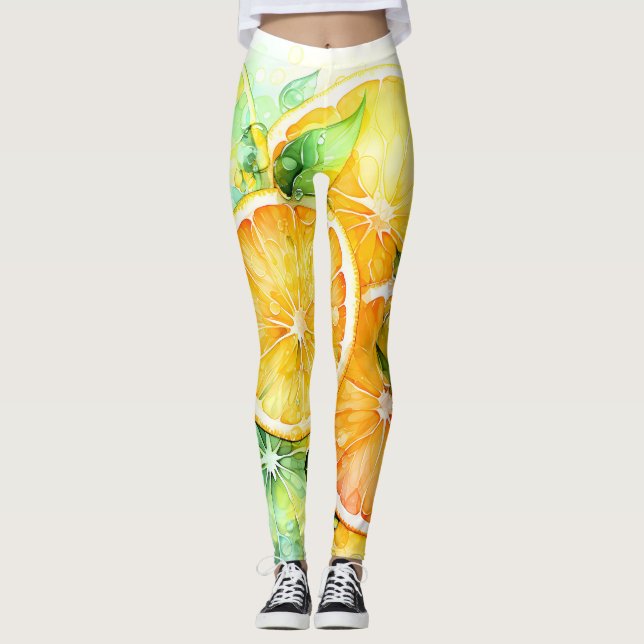Akvarell Citron Apelsin Lime Botanisk Kök Leggings (Framsida)