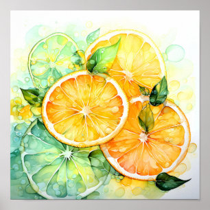 Akvarell Citron Apelsin Lime Botanisk Kök Poster