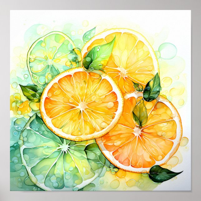 Akvarell Citron Apelsin Lime Botanisk Kök Poster (Framsidan)