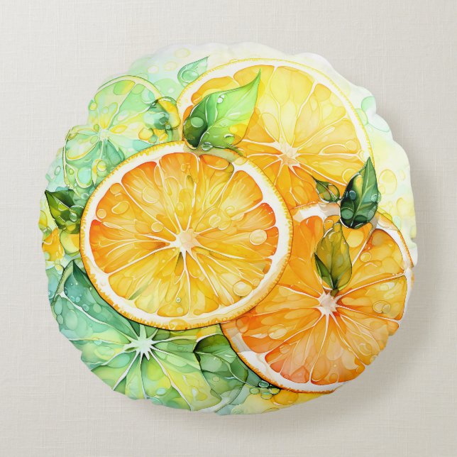 Akvarell Citron Apelsin Lime Botanisk Kök Rund Kudde (Framsidan)